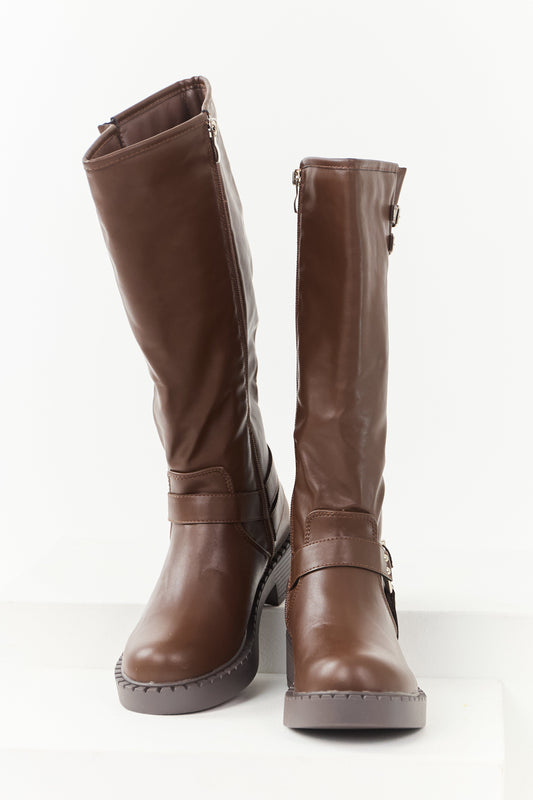 Chocolate Faux Leather Buckle Detail Tall Boots