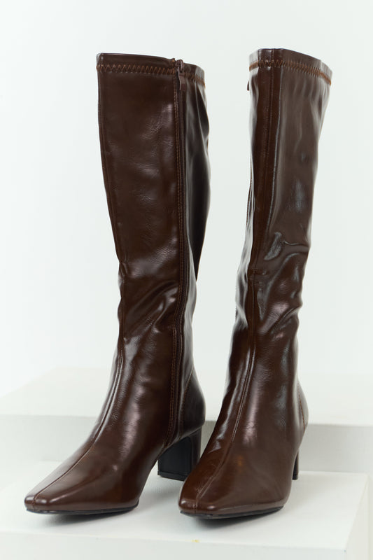 Chocolate Faux Leather Pointed Toe Tall Block Heel Boots