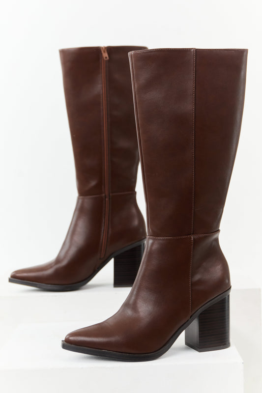 Chocolate Faux Leather Pointed Toe Tall Boots