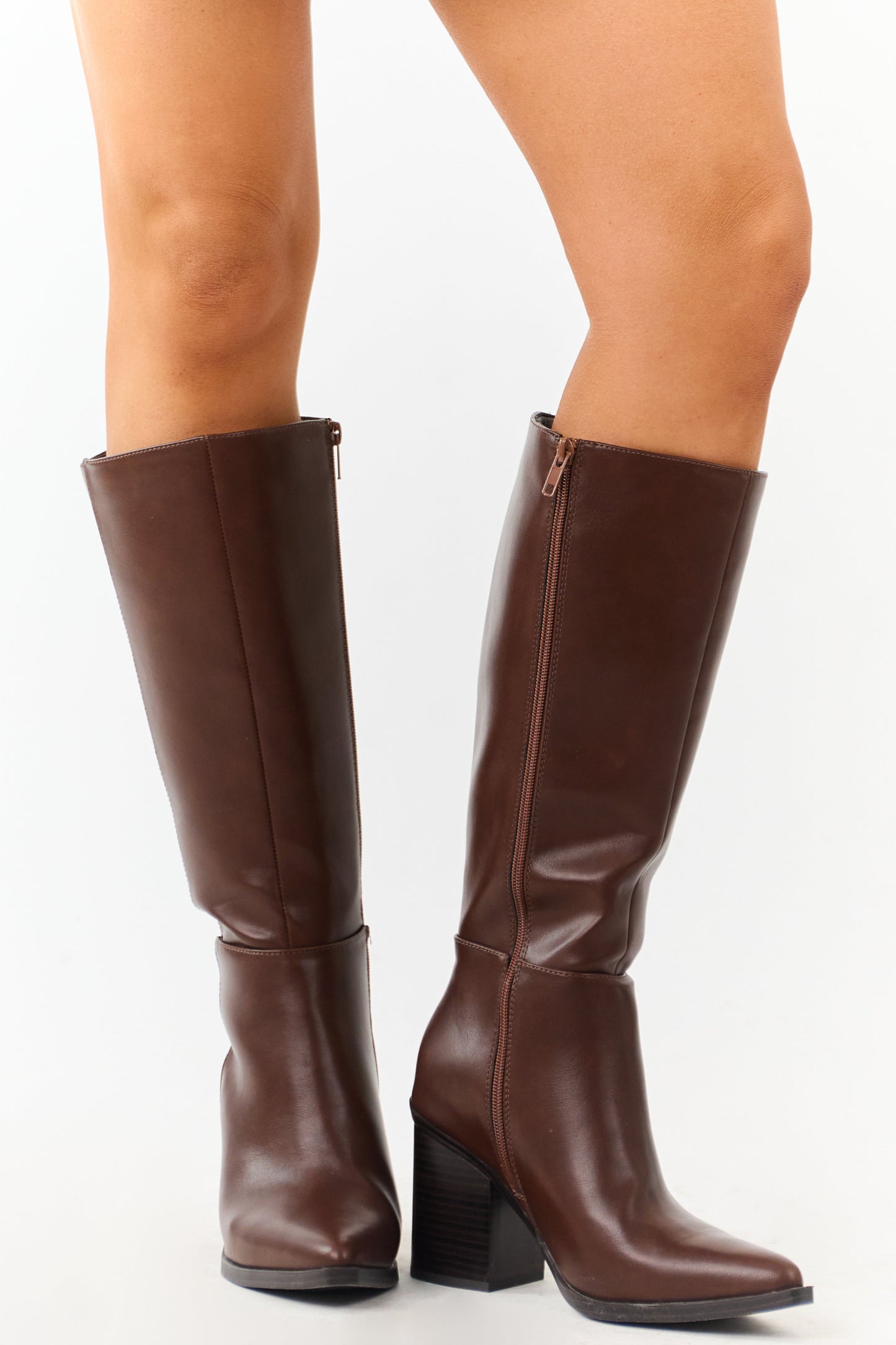 Chocolate Faux Leather Pointed Toe Tall Boots