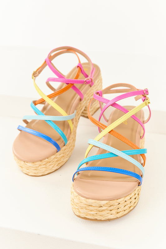 Colorful Strappy Espadrille Raffia Platform Heels