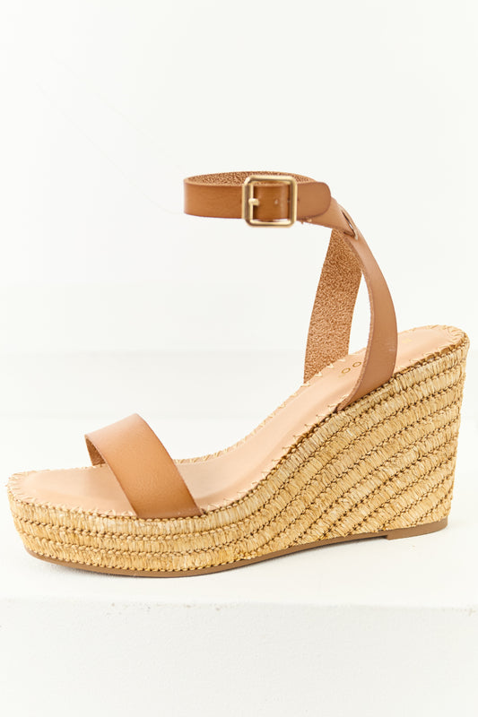 Copper Strap Open Toe Raffia Platform Wedges