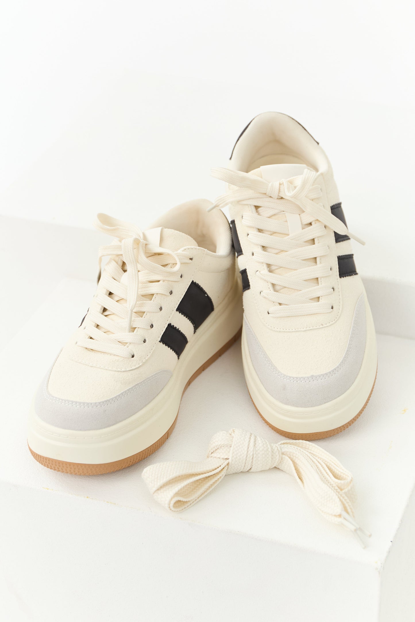 Cream and Black Lace Up Platform Sneakers