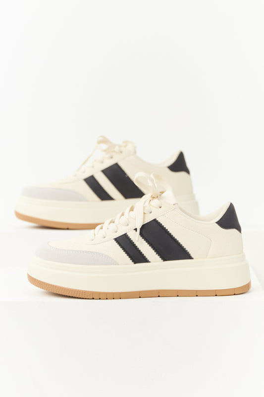 Cream and Black Lace Up Platform Sneakers