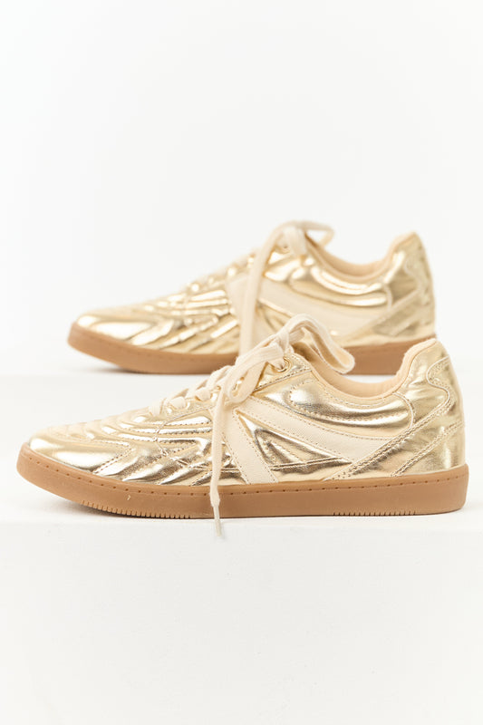 Gold Faux Leather Lace Up Low Top Sneakers