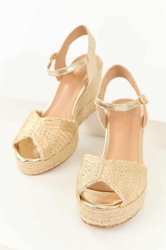 Gold Metallic Coated Crochet Strap Espadrille Wedges