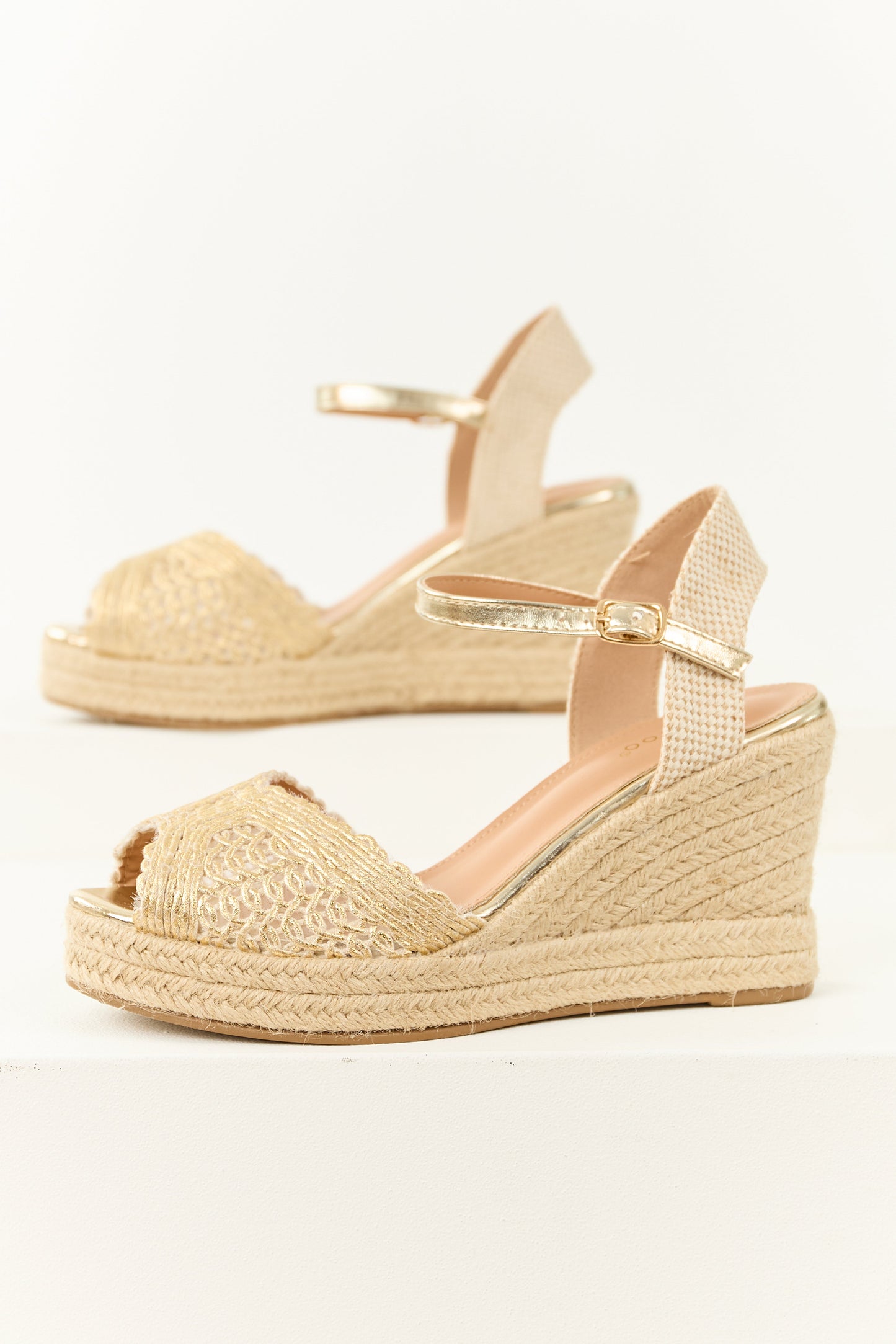 Gold Metallic Coated Crochet Strap Espadrille Wedges