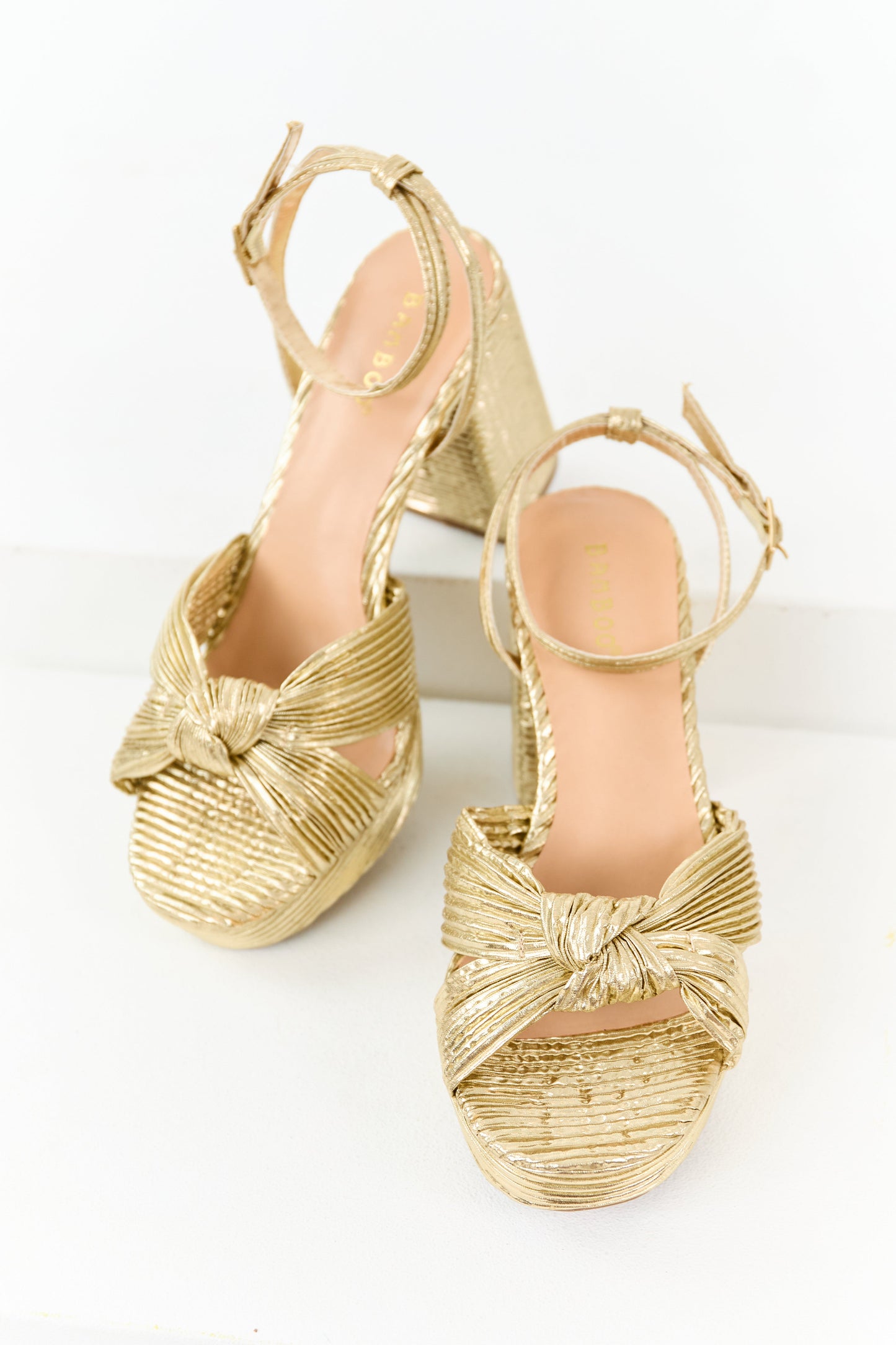 Gold Metallic Ribbed Knot Strap Platform Block Heels