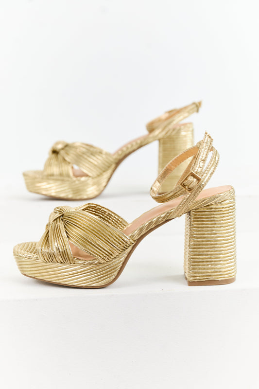 Gold Metallic Ribbed Knot Strap Platform Block Heels