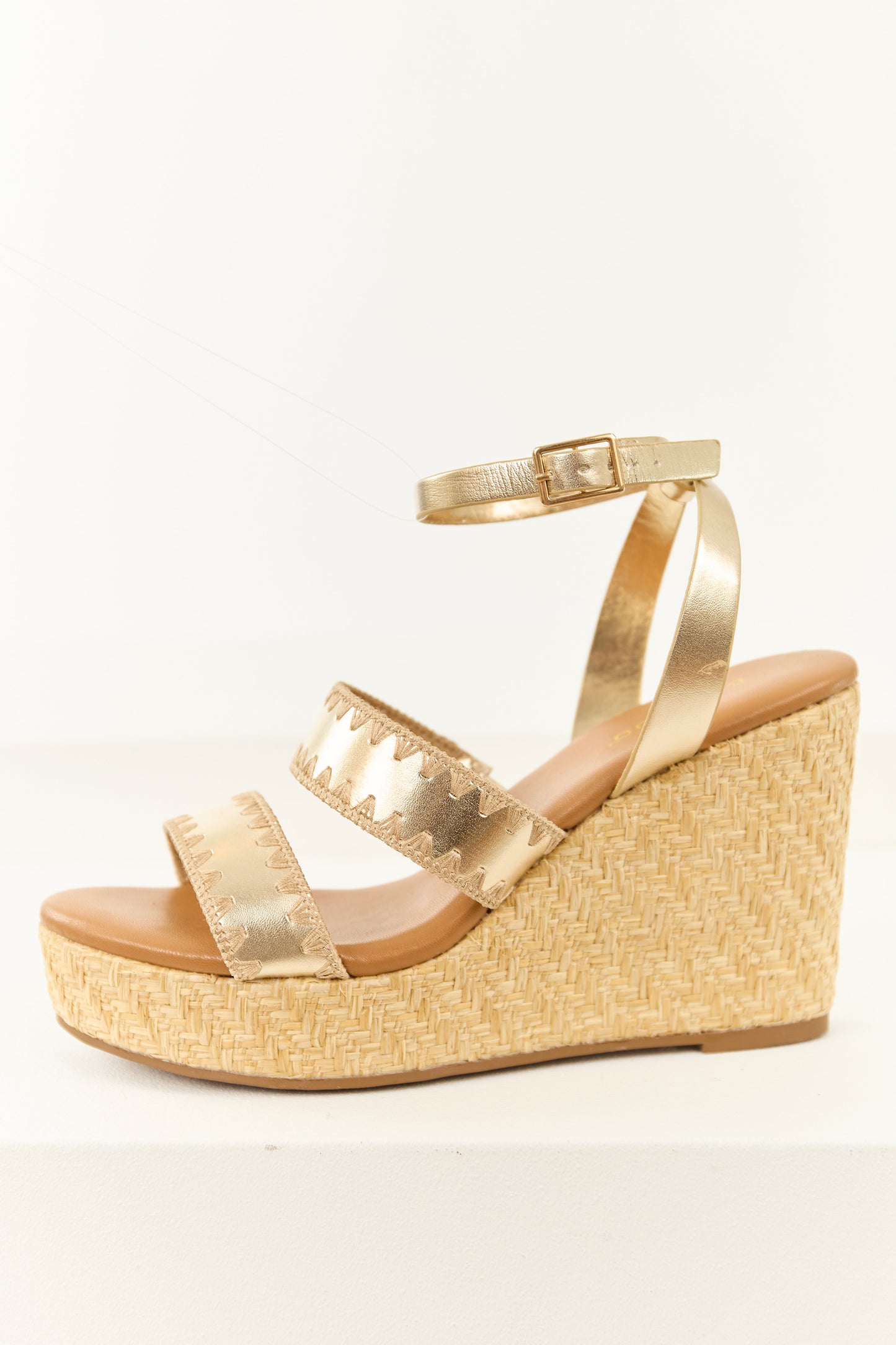 Gold Strappy Open Round Toe Raffia Platform Wedges
