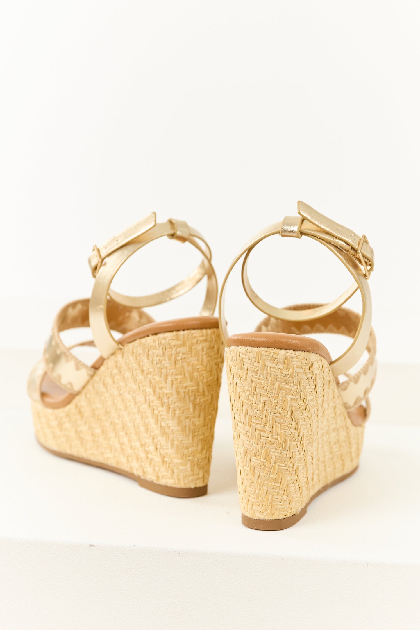 Gold Strappy Open Round Toe Raffia Platform Wedges