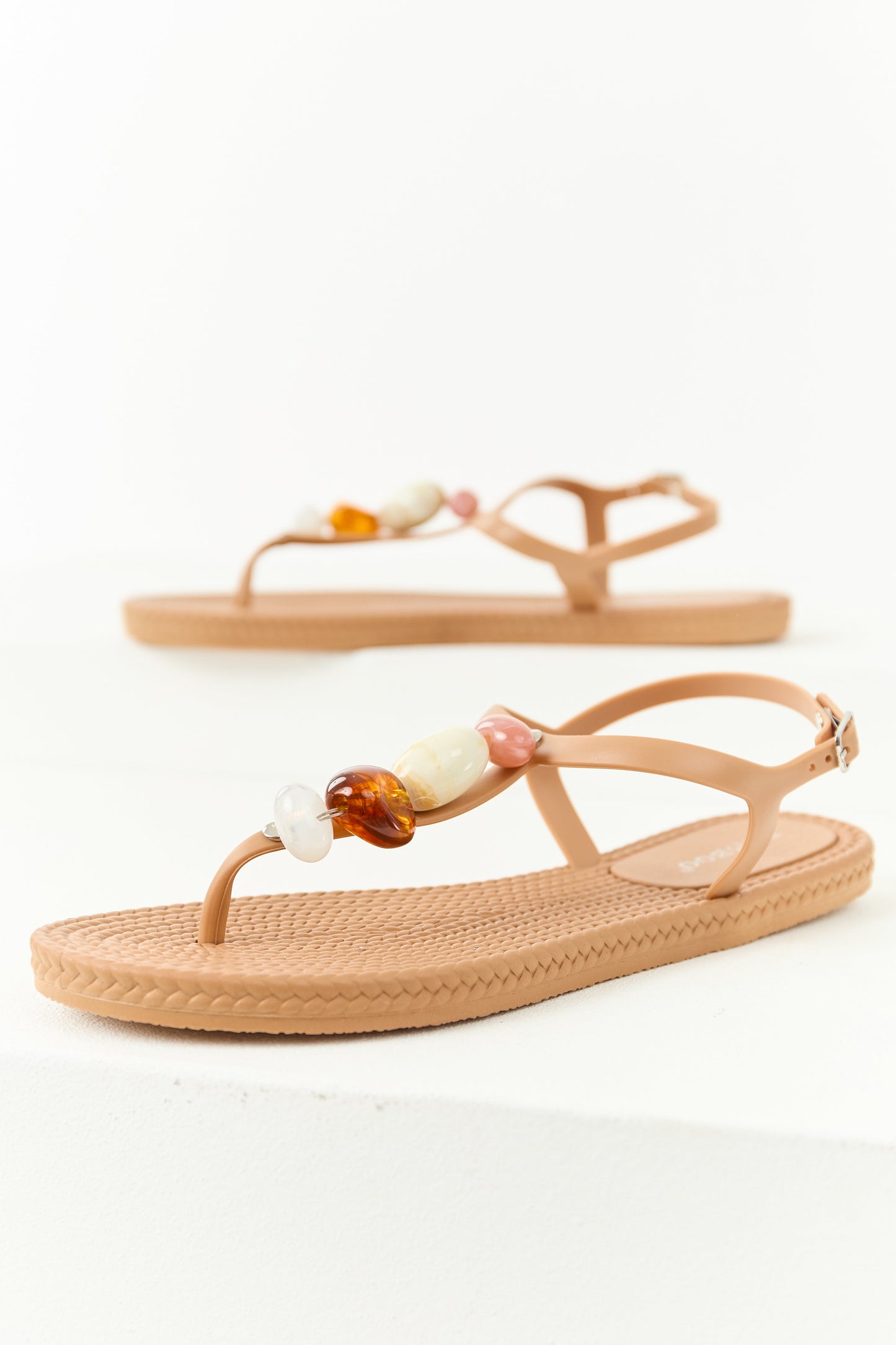 Latte Stone Embellished T-Strap Thong Sandals