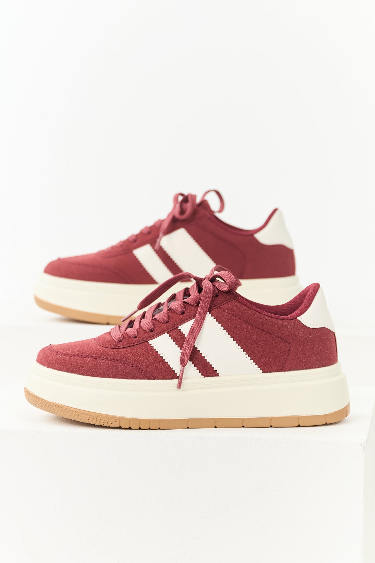 Maroon and Off White Lace Up Platform Sneakers