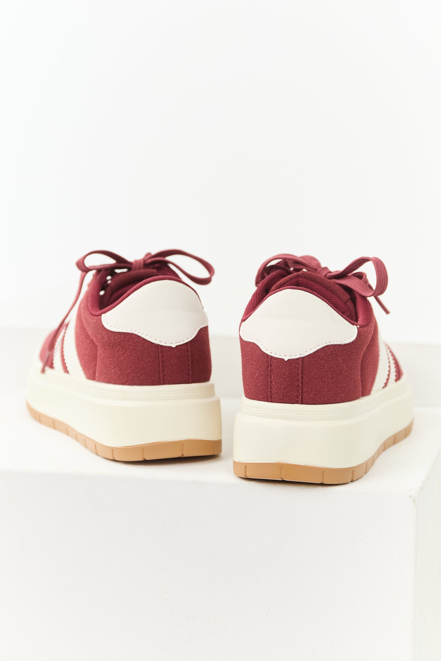 Maroon and Off White Lace Up Platform Sneakers