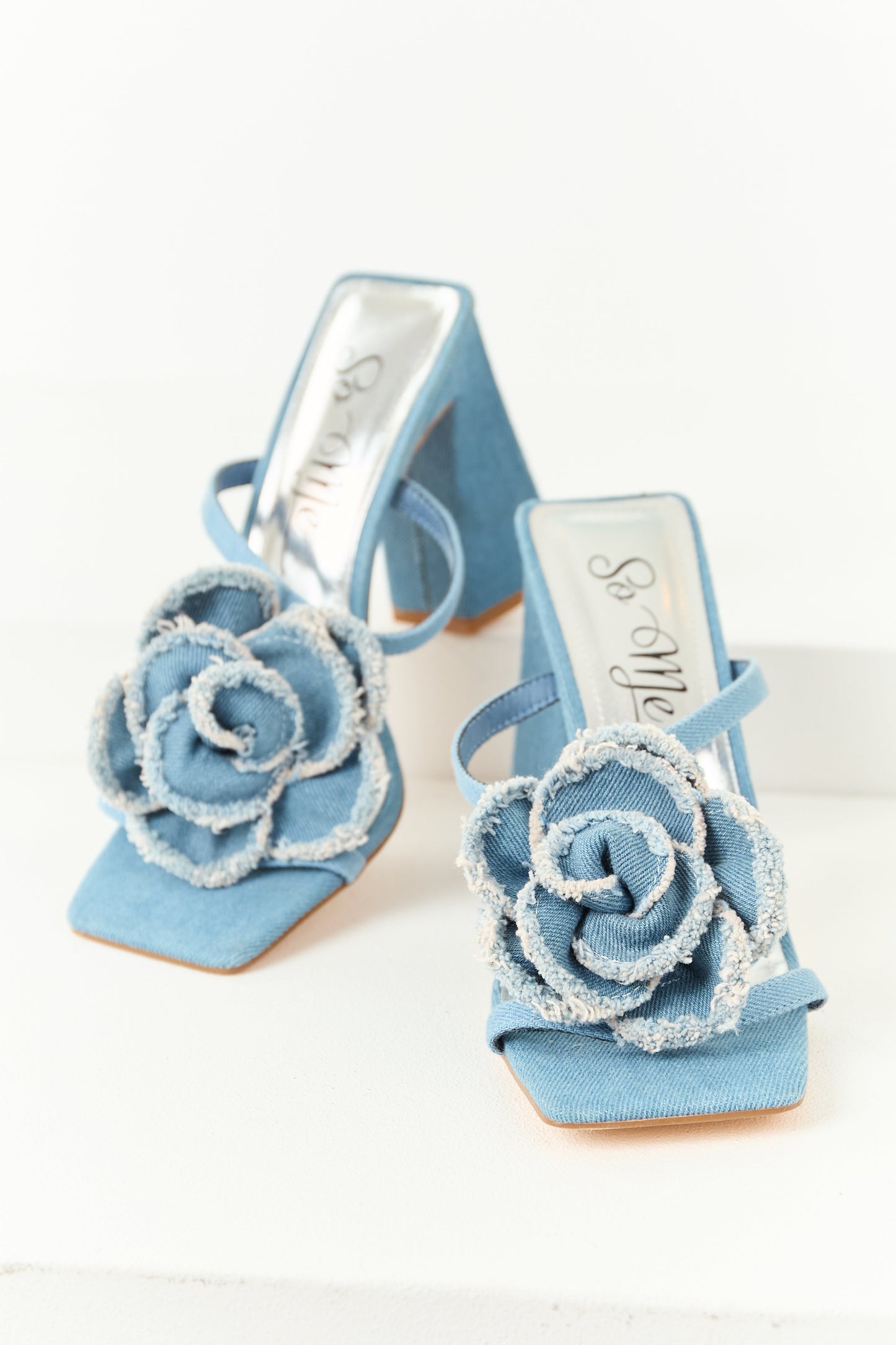 Medium Wash Denim Square Toe Flower Strap Heels