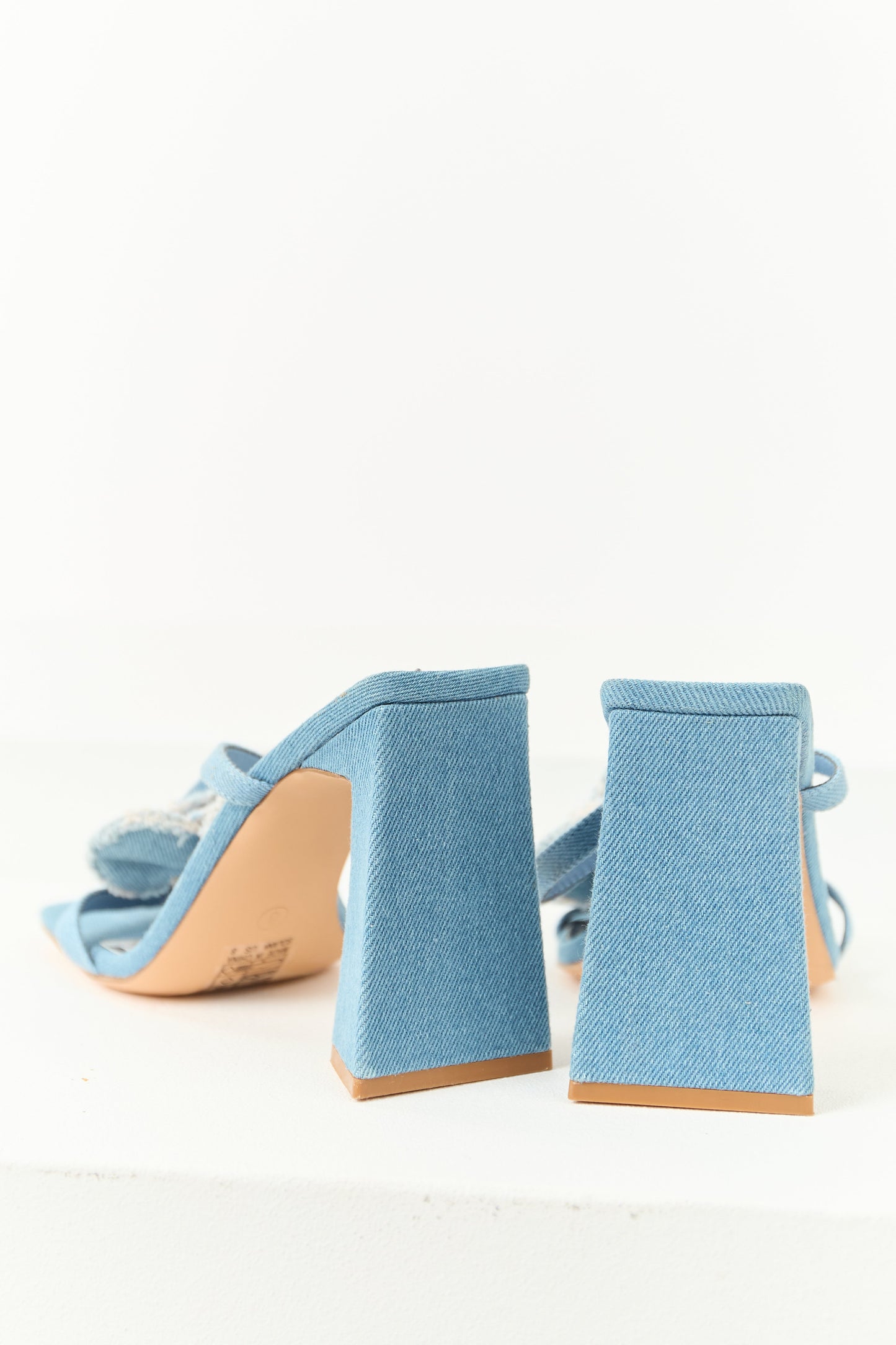 Medium Wash Denim Square Toe Flower Strap Heels