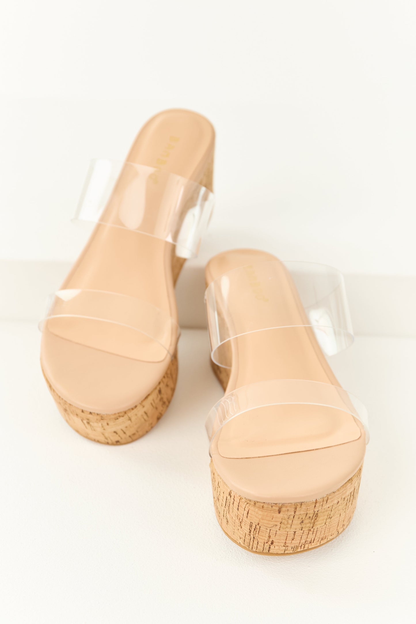 Nude Double Clear Strap Platform Cork Sandals