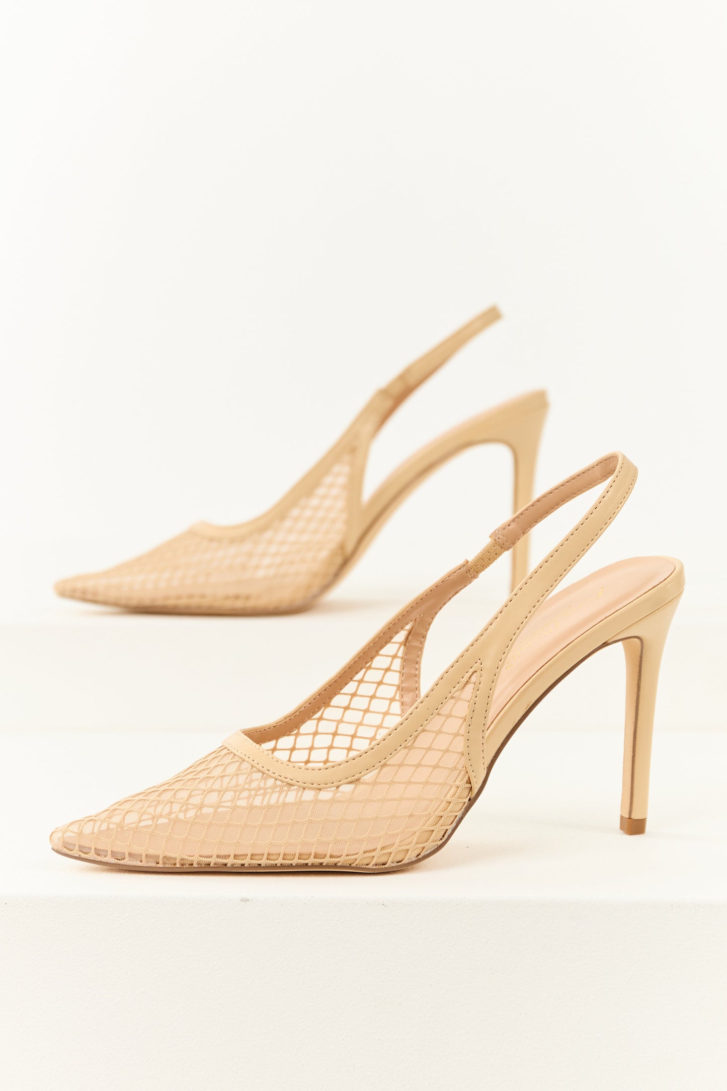 Nude Mesh Pointed Toe Slingback Stiletto Heels