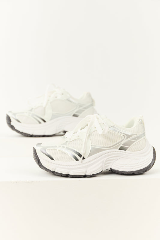 Off White Two Tone Lace Up Mesh Chunky Sneakers