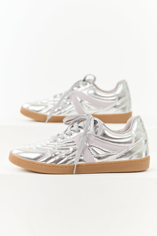 Silver Faux Leather Lace Up Low Top Sneakers