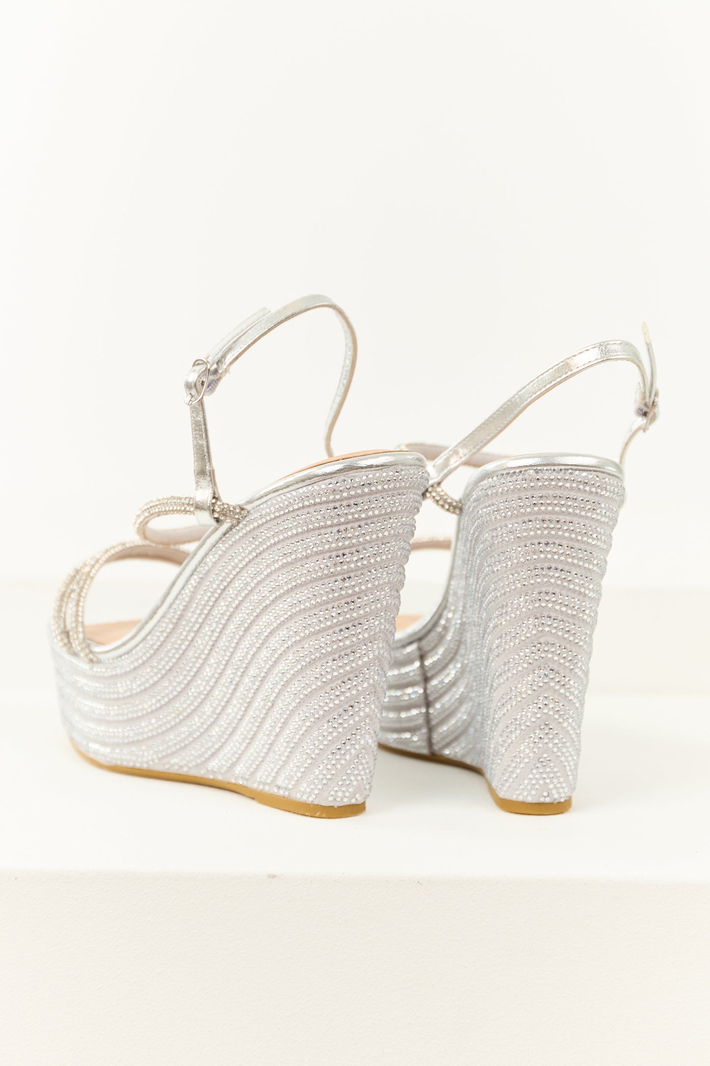 Silver Rhinestone Open Toed Platform Wedges