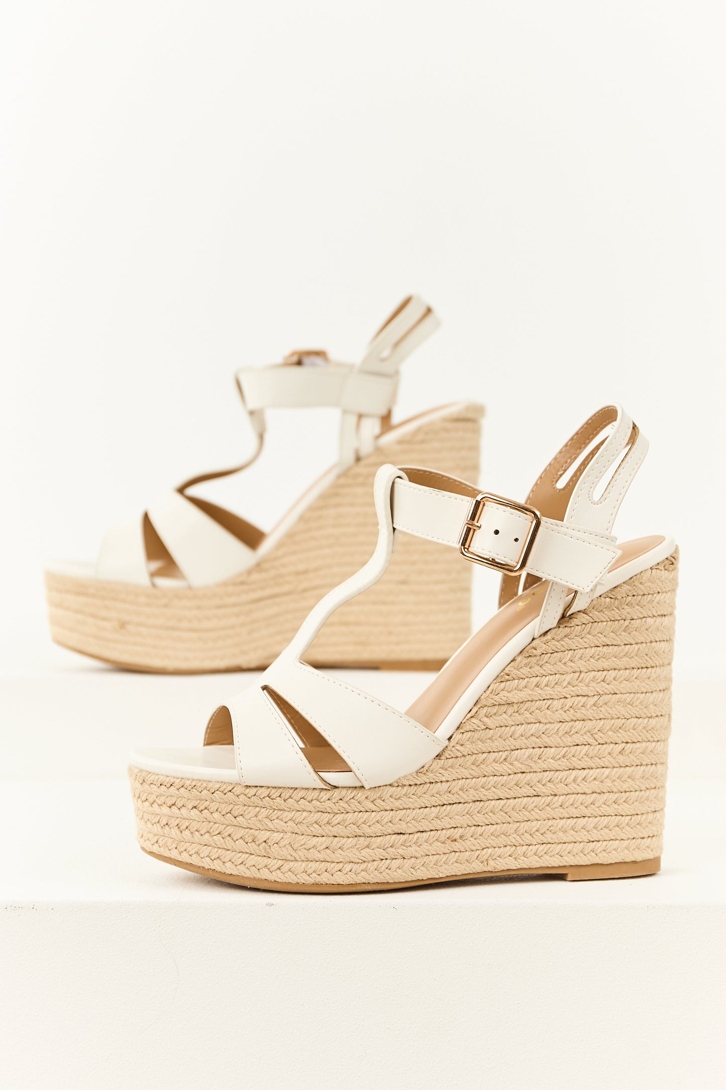 White Cut Out T Strap Espadrille Platform Wedges