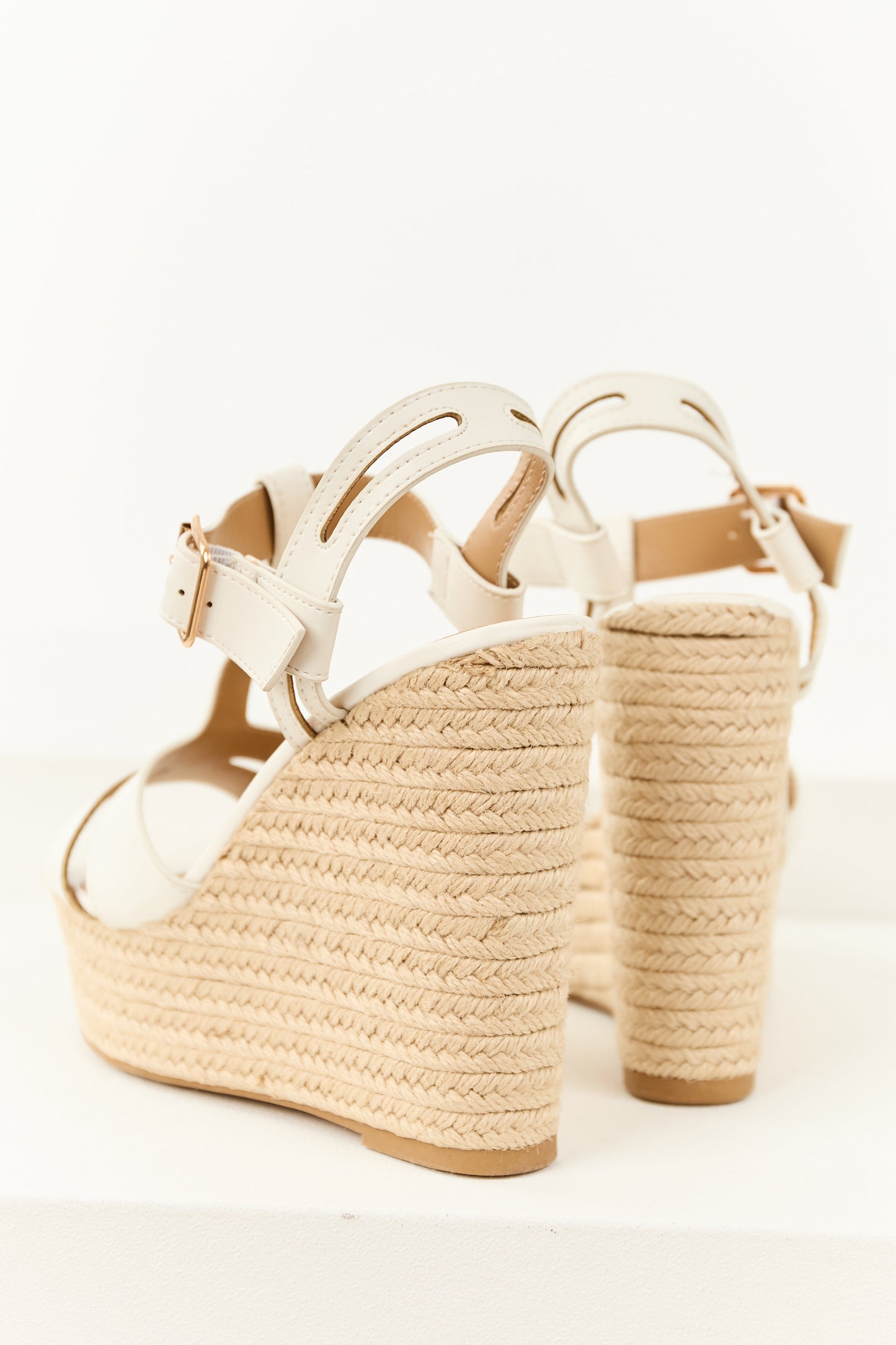 White Cut Out T Strap Espadrille Platform Wedges